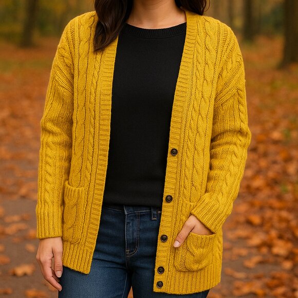 Lone Tree Mustard Yellow Cable Knit Open Front Cardigan – Med (fall collection) - Picture 1 of 10